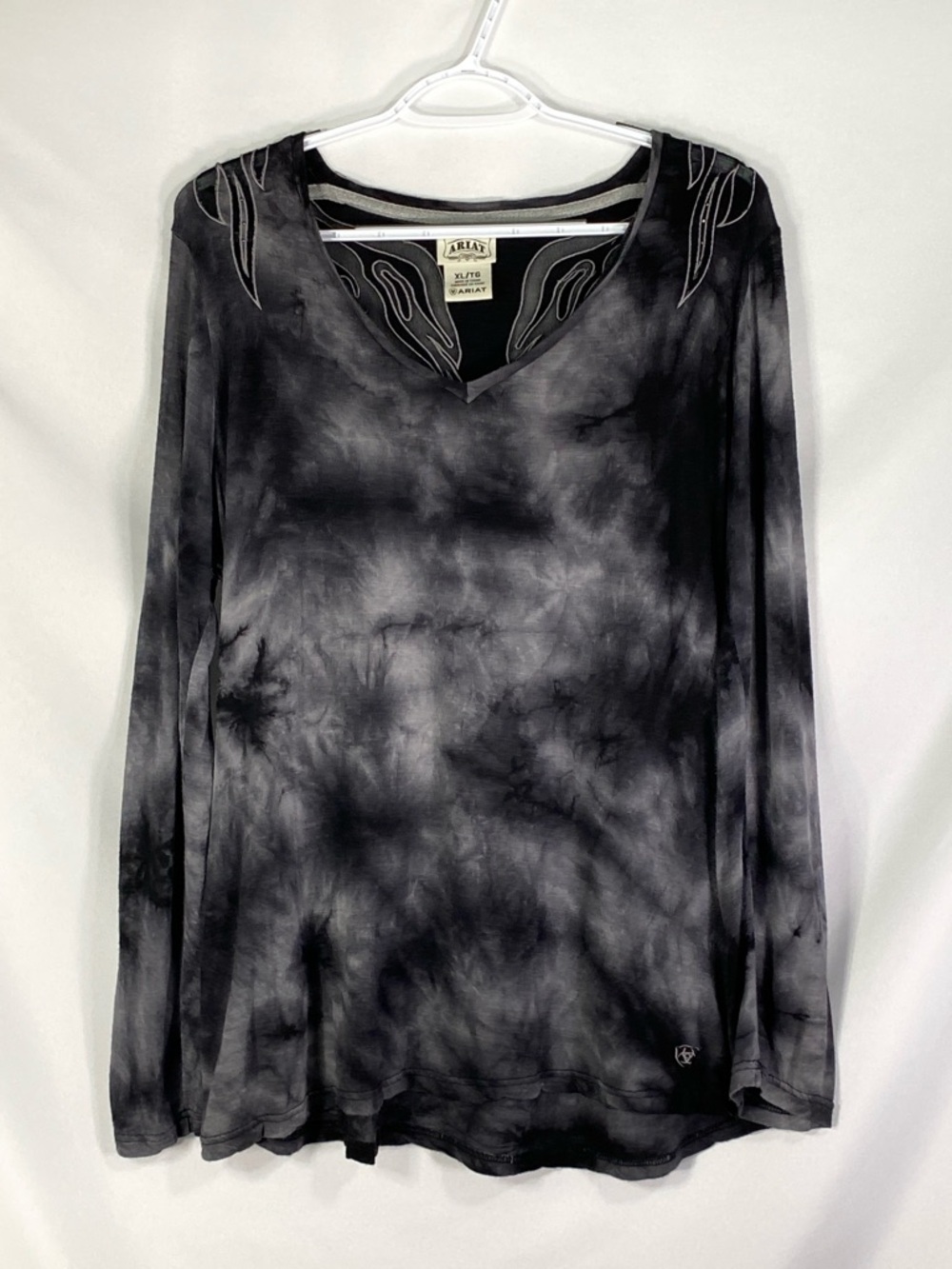 Ariat Black Gray Tie Dye V-Neck Long Sleeve Top XL Grunge Bikercore Westren